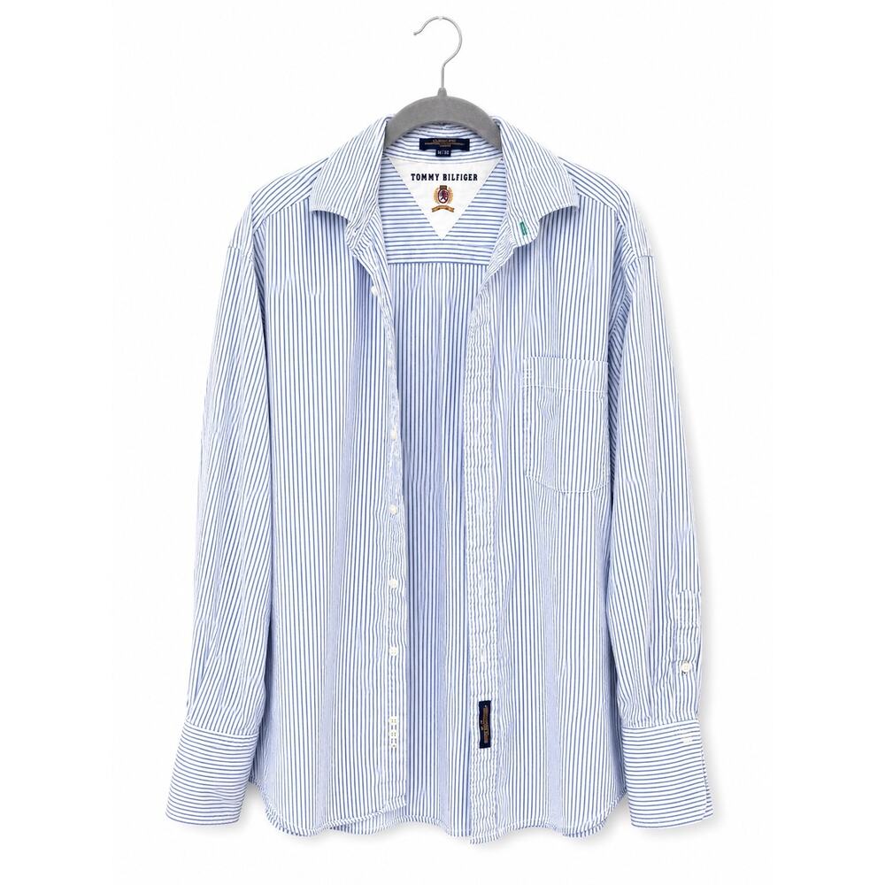 Vintage Tommy Hilfiger Blue White Stripe Button Down Shirt 100% Cotton
